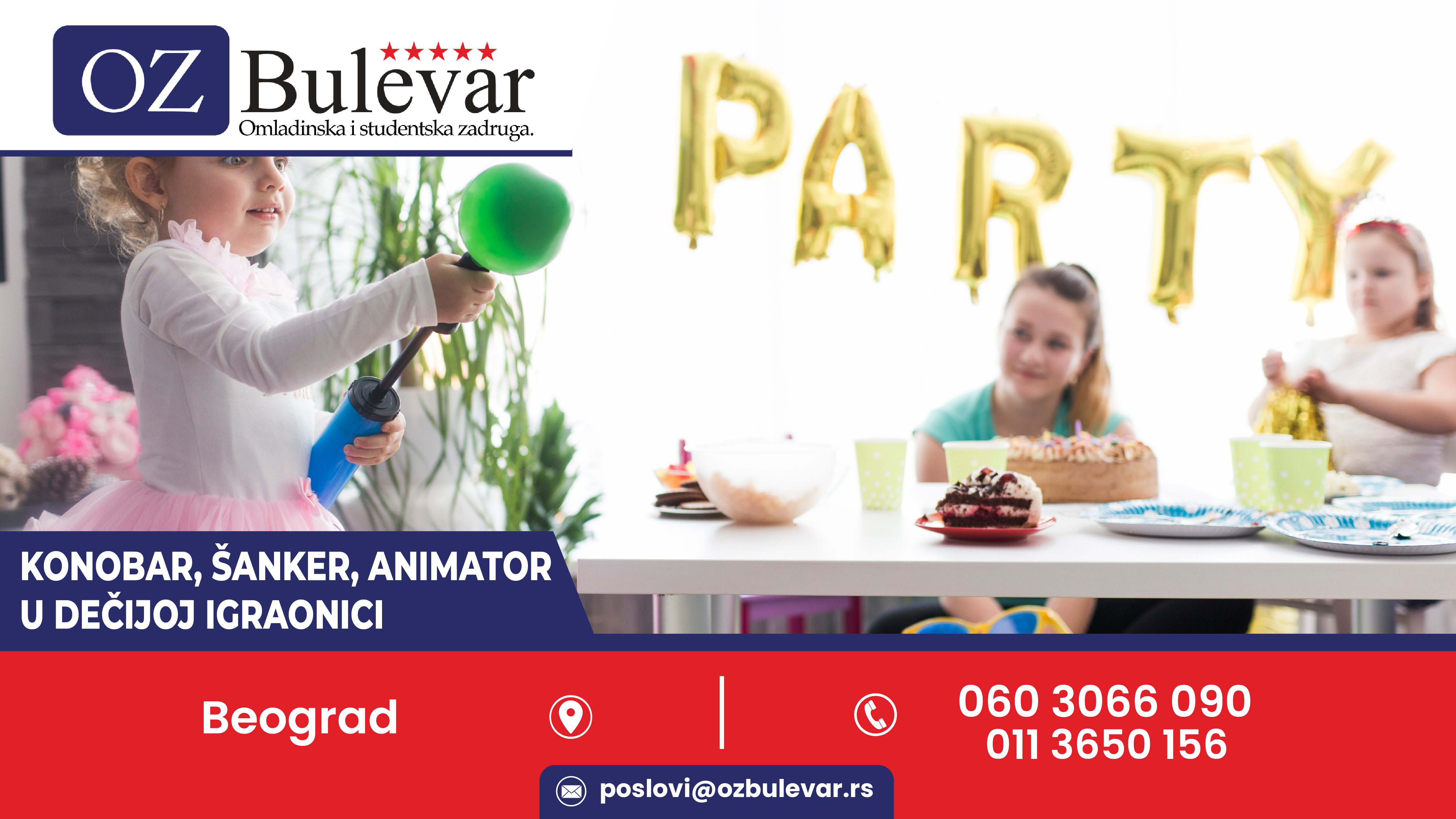 Konobar, šanker, animator u dečijoj igraonici