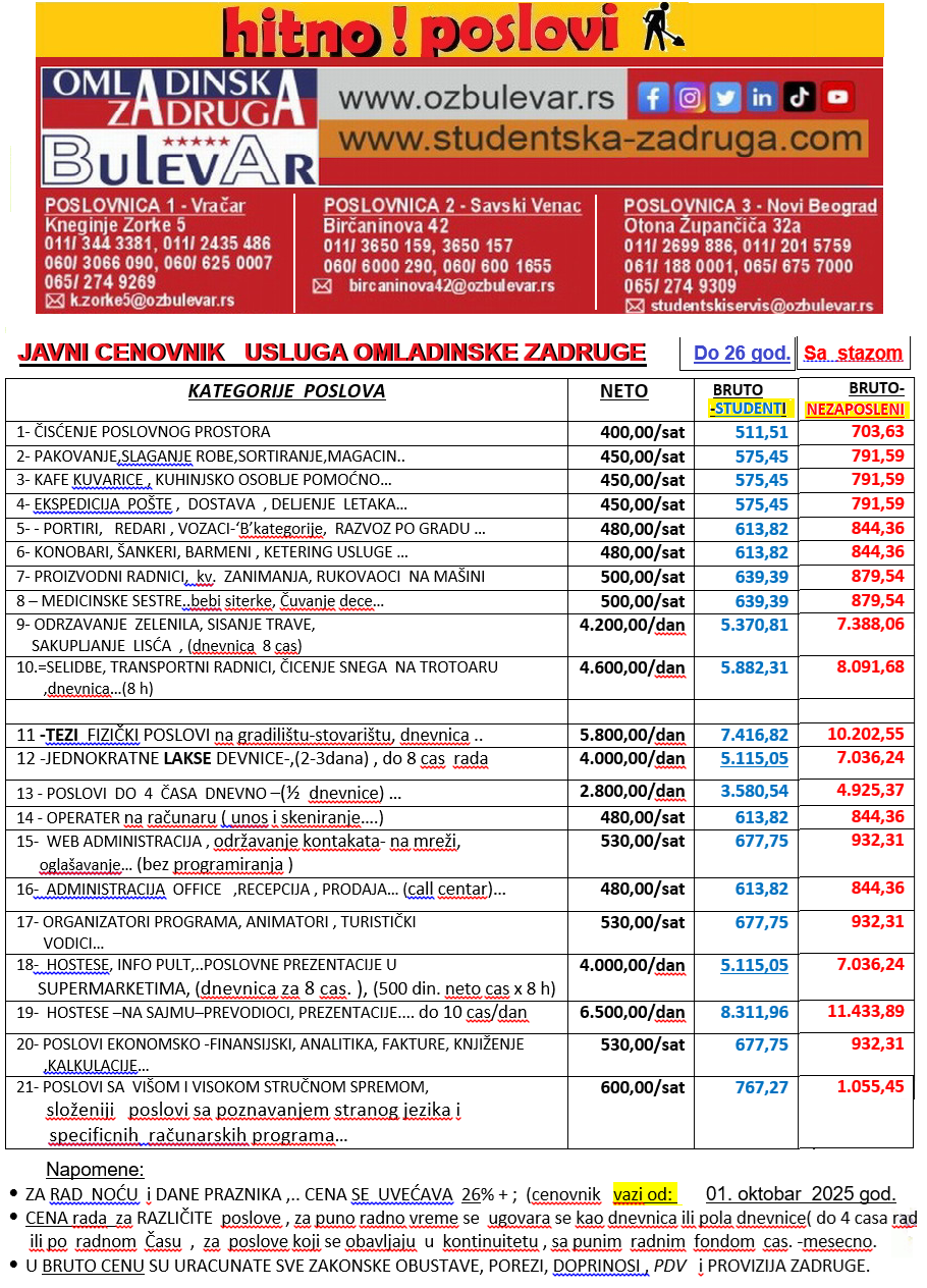 Cenovnik važi od 01.01.2025. godine.